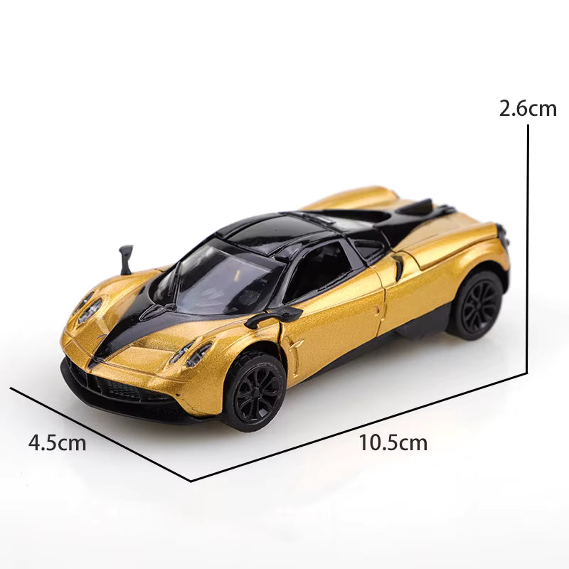 (Bagged) 1/43 scale gold pullback racing car, die-cast metal, three doors that open.